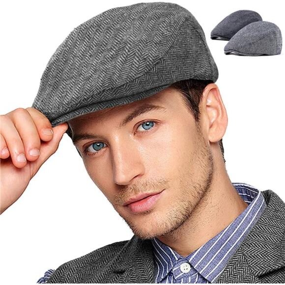 LADYBRO 2Pack Adjustable Newsboy Hats for Men Flat Cap Mens Irish Cabbie Tweed - Picture 8 of 14